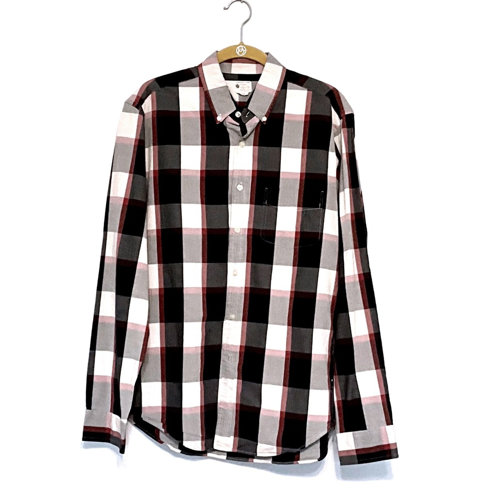 J.Crew Sunwashed Oxford Tailored Plaid Button Down Shirt Mens Medium Navy Red